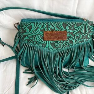 Wrangler Turquoise Floral Crossbody Bag with Fringe